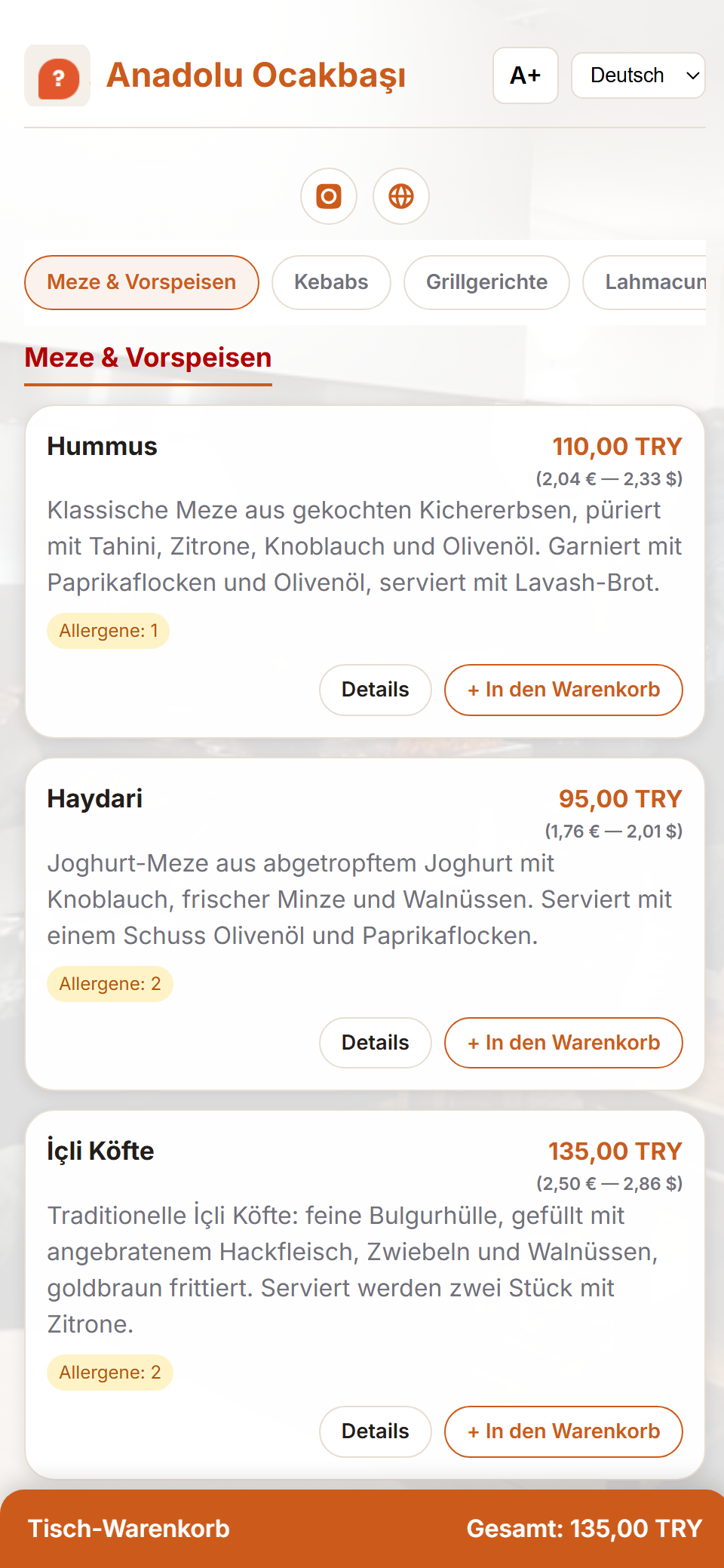 Grillhaus-Tischmenü auf Deutsch: Kategorien und Preise
