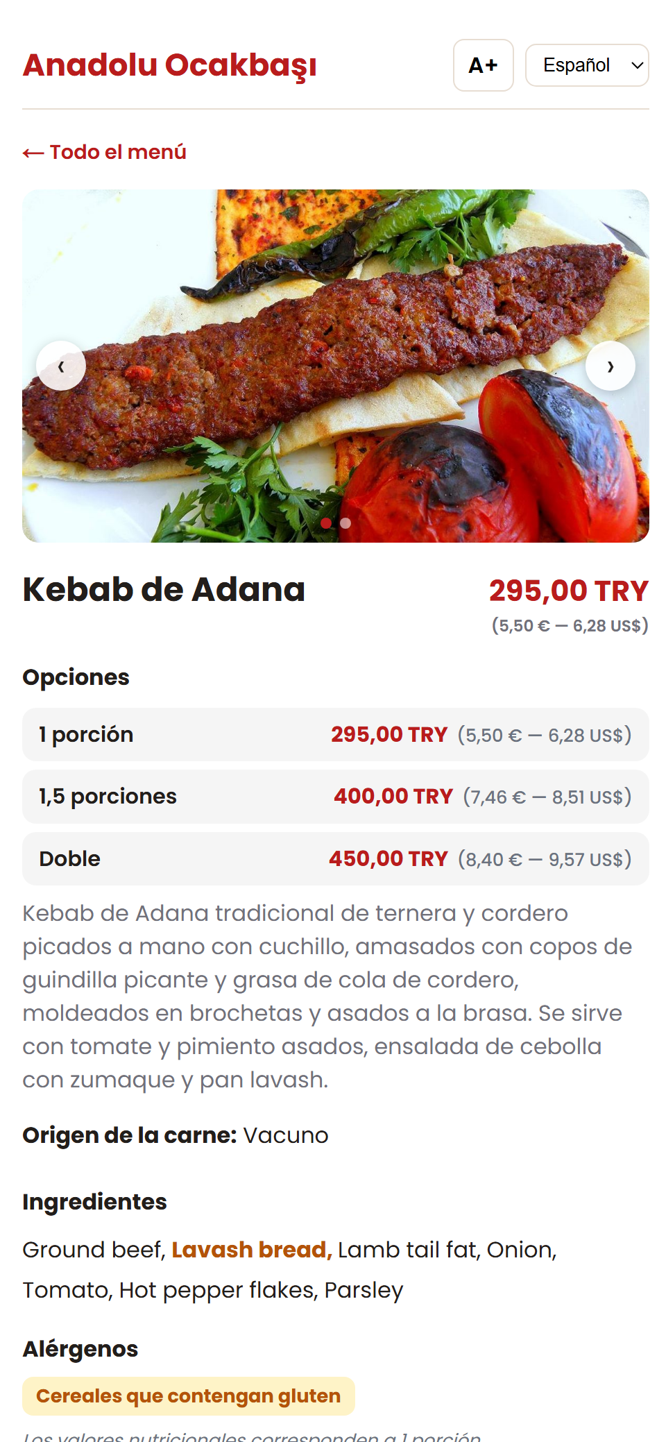Spanische Produktseite: Portionsoptionen, Beschreibung und Allergene