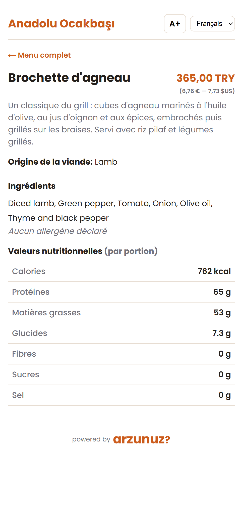 Produktetikett auf Französisch: Fleischherkunft, Zutaten und Nährwerte aus dem Rezept