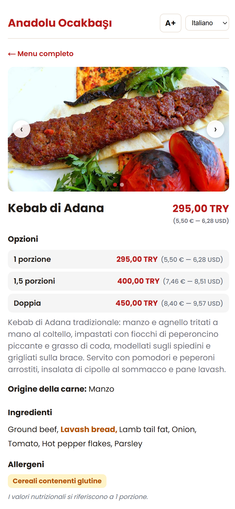 Italienische Produktseite: Beschreibung, Zutaten und Allergene