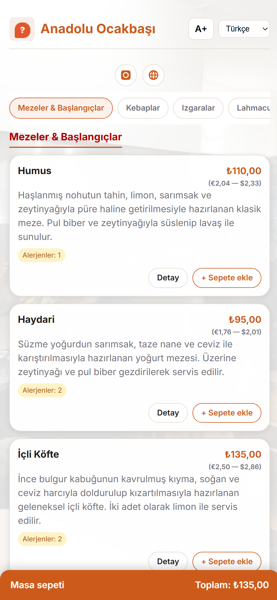 Türkisches Tischmenü: Kategorien, Preise in mehreren Währungen und gemeinsamer Warenkorb